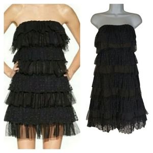 KATE YOUNG Polka Dot Strapless Ruffle Tier Black Cocktail Dress 14 (Large) NWT